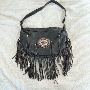 Boho Western Beaded Fringe Leather Shoulder Bag Dark Brown Embellished Feather